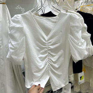 设计感v领褶皱泡泡袖短袖，t恤女2024洋气雪纺拼接打底小衫上衣