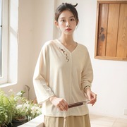 新中式气质设计感t恤女 24春季收腰上衣中国风v领刺绣针织衫