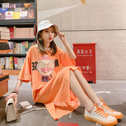 夏季韩版学生卡通露背连衣裙遮肚大码女装短袖纯棉长裙过膝T恤裙