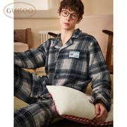 GUKOO/果壳男士冬季睡衣格子睡衣套装珊瑚绒翻领格子保暖家居服