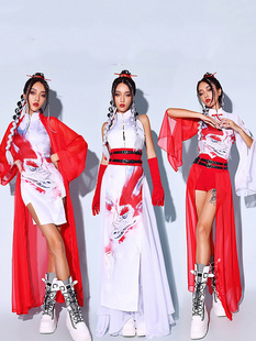 女团打歌服中国风爵士舞旗袍修身舞蹈，演出服红色古风，国潮舞台装新