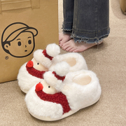 可爱雪人圣诞棉拖鞋女冬季室内防滑家居厚底卡通毛绒包跟保暖棉鞋
