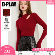 dplay设计感镂空红色，修身半高领细闪亮片，羊毛混纺针织打底衫