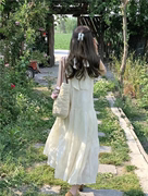白色无袖挂脖连衣裙子女春秋2024夏装长袖法式气质高级感长裙