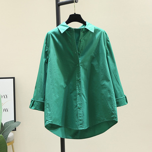 绿色长袖棉布衬衫女中长款上衣，2024春季纯色简约百搭衬衣开衫
