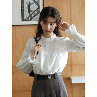 mixabo春季法式白衬衫女立领，木耳边长袖衬衣，设计感宽松娃娃衫