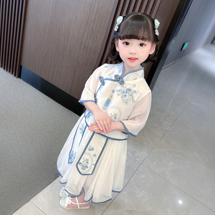 女童中国风青花瓷套装，汉服儿童春夏，女连衣裙演出服古装公主裙裙子