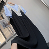 森系韩版圆领短袖雪纺衫黑色减龄连衣裙