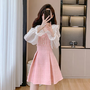 水蜜桃粉色小香流苏连衣裙甜美法式复古娃娃裙，小个子冬季长袖短裙