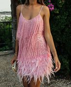 欧美时尚流苏亮片羽毛，拼接礼服粉色，吊带连衣裙pinktasseldress