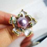 12.5mms925纯银超大豪华极亮正圆无暇天然深紫色，珍珠戒指荷花