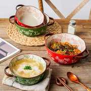 手绘双耳汤碗汤面碗沙拉碗创意汤盆陶瓷大号家用面碗防烫双耳碗