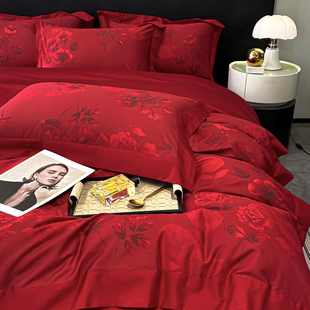 全棉结婚床上四件套浪漫红色玫瑰，新婚庆(新婚庆)喜被备婚陪嫁床单床笠床品