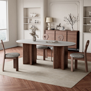 法式复古岩板餐桌椭圆形客厅，白蜡木侘寂风家用小户型意式实木餐桌
