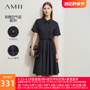 Amii2024夏POLO领半开襟短袖配腰带连衣裙女小个子空气层裙子