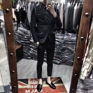韩国东大门西装套装男英伦风发型师修身西服两件套夜店铆钉外套潮