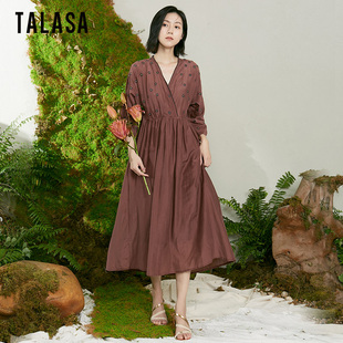 TALASA丝棉刺绣设计连衣裙2024年春夏复古V领五分袖优雅气质