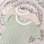 韩版夏装女童套头镂空针织衫薄款可爱波浪领婴儿宝宝针织短袖上衣