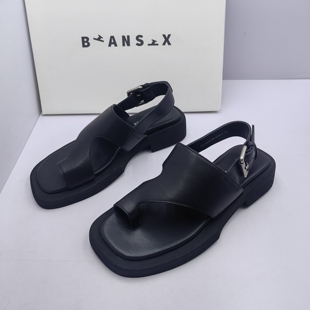 Biansix便鞋式凉鞋女夏季小众设计感夹趾套趾真皮女士平底凉鞋