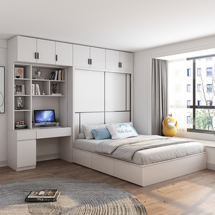多功能床衣柜一体组合床现代简约1.8米白色储物空间，利用榻榻米床
