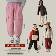 蓝小爸女童工装裤2023秋季儿童韩版时髦休闲裤，宝宝宽松长裤