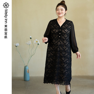 贵气优雅美丽客栈气质黑色蕾丝连衣裙大码胖mmV领修身a字长裙