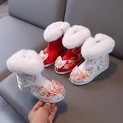 儿童棉靴古装绣花鞋民族风靴子汉服鞋女童冬季中国风拜年鞋平底靴
