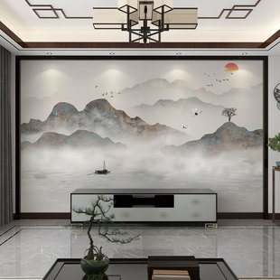 墙纸3d立体中式水墨山水电视，背景墙壁纸客厅装饰壁布定制壁画墙布