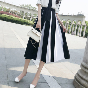 韩版小清新仙女裙遮肉显瘦高级感气质半身裙黑白拼接a字裙两件套