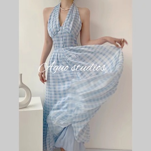 aguo|蓝色港湾雪纺v领吊带，挂脖连衣裙2022夏法式(夏法式)仙女长裙子