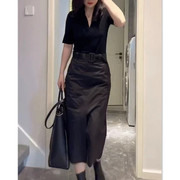 韩国设计师CherryKoko春季黑色V领简约T恤高腰半身裙时尚女