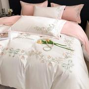 纯色绣花全棉四件套纯棉斜纹，床单被套家用轻奢小香风床上用品