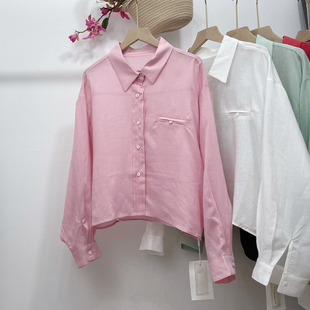 粉红色轻薄舒适长袖防晒衬衫女夏季上衣轻熟法式小众短款开衫衬衣