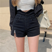 牛仔短裤女夏季薄款韩版高腰，大码胖mm显瘦设计感开叉，a字超短热裤