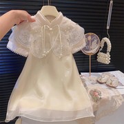 女童短袖旗袍连衣裙2023夏季女宝宝，中国风洋气蕾丝网纱公主裙