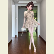 新中式国风女装水墨画印花挂脖连衣裙小众设计高级感短裙小个子夏