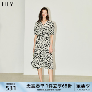 天丝亚麻lily2024夏法式(夏法式)浪漫碎花v领高腰显瘦a字连衣裙女