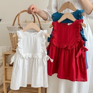 韩版童装2024夏季女童，甜美洋气提花背心荷叶，连衣裙红色夏季裙