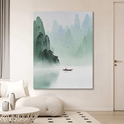 新中式青山绿水客厅装饰画，一叶扁舟石英砂肌理，手绘油画玄关墙挂画