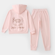 2024春季女童可亲子女孩时尚高级肉粉色天鹅绒套装休闲运动服