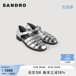 sandrooutlet女士法式时尚休闲铆钉，水钻罗马平(罗马平)跟凉鞋sfach00973