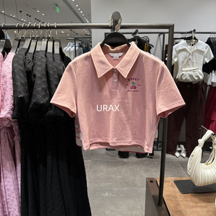 urax2023夏季女装，甜美粉色polo领短袖t恤衫短款上衣uwl432115