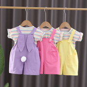 女宝宝夏装洋气背带儿童衣服，夏天婴儿童装，1-5岁女童夏季短袖套装3