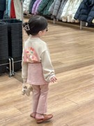 2024春款韩版女童套装时髦卡通印花卫衣，可爱套头衫女宝假两件裙裤