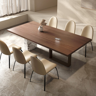 纳威原木风餐桌椅组，合意式轻奢，高级饭桌胡桃木色大理石长方形餐桌