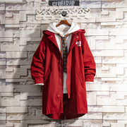 白糖玫瑰2024红色中长款加绒风衣，外套男秋冬季潮，青年夹克大衣牌