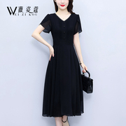 黑色连衣裙2024女夏气质(夏气质)高级感修身显瘦端庄大气雪纺中长裙子