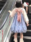 日系少女可爱背带裙套装女学生甜美宽松娃娃领衬衫+蝴蝶结连衣裙