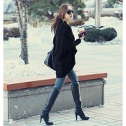 韩国2023年春秋季中长款针织开衫女宽松慵懒风披肩蝙蝠袖毛衣外套