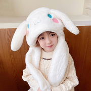 小兔子耳朵会动儿童帽子，冬季女孩男童毛绒围巾，连帽一体防风雷锋帽